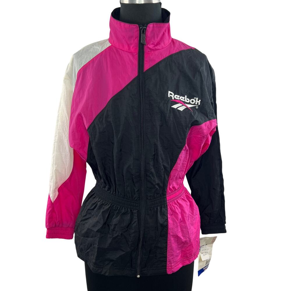 Reebok NOS Vintage Bold Pink Black Windbreaker Jacket Full Zip Girls Youth L NEW